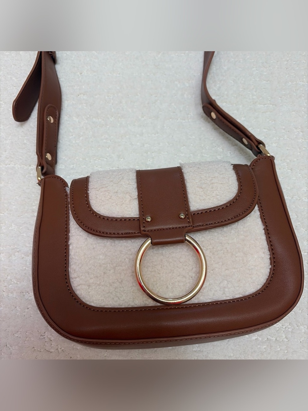 Antik Kraft Brown Faux Leather & Cream Sherpa Crossbody with Gold Ring Accent